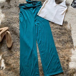 Teal wide-leg pants with high waist tie